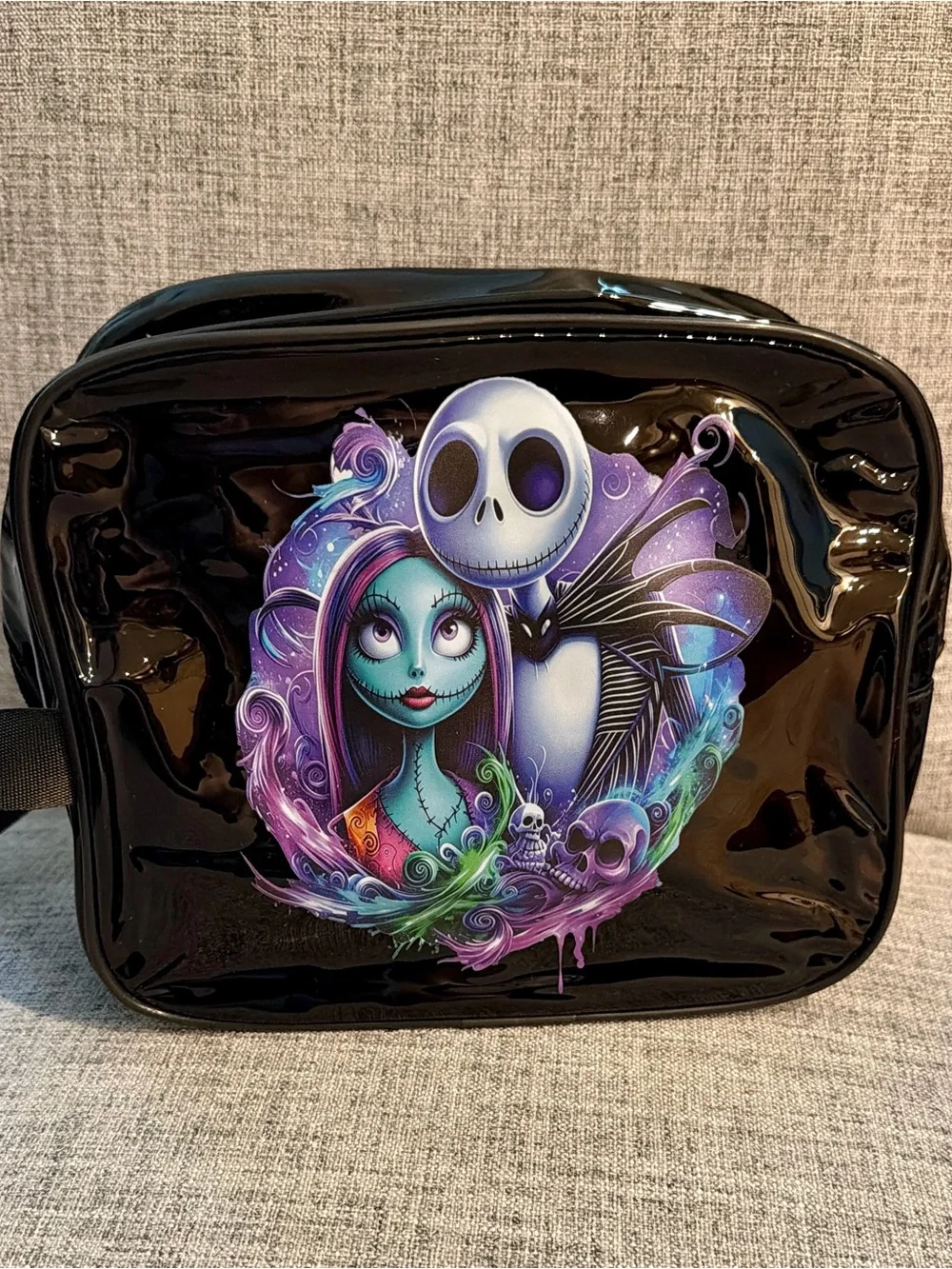 Black Themed Cosmetic Bag with Purple & Teal Night Characters